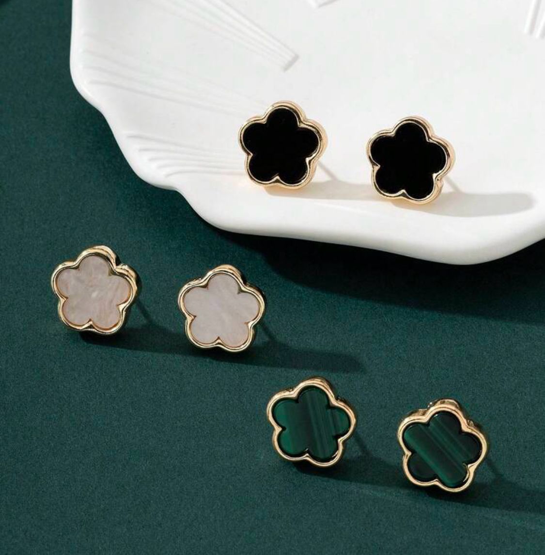 3pairs Lucky Sweet Five-Leaf Clover Stud Earrings, Black, Green and