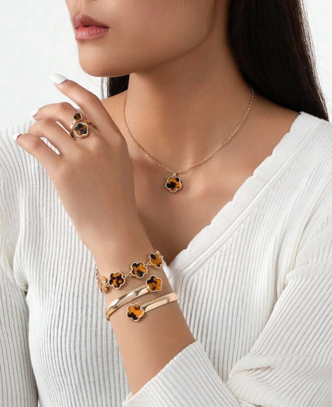 5pcs/Set | Lucky Clover Design Bracelet, Necklace, Earrings, Anklet, Ring