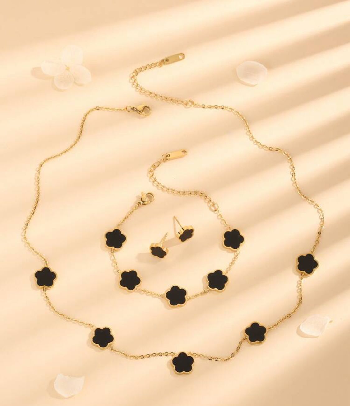 Black Clover Leaf 3 Piece Set Necklace, Bracelet & Earrings